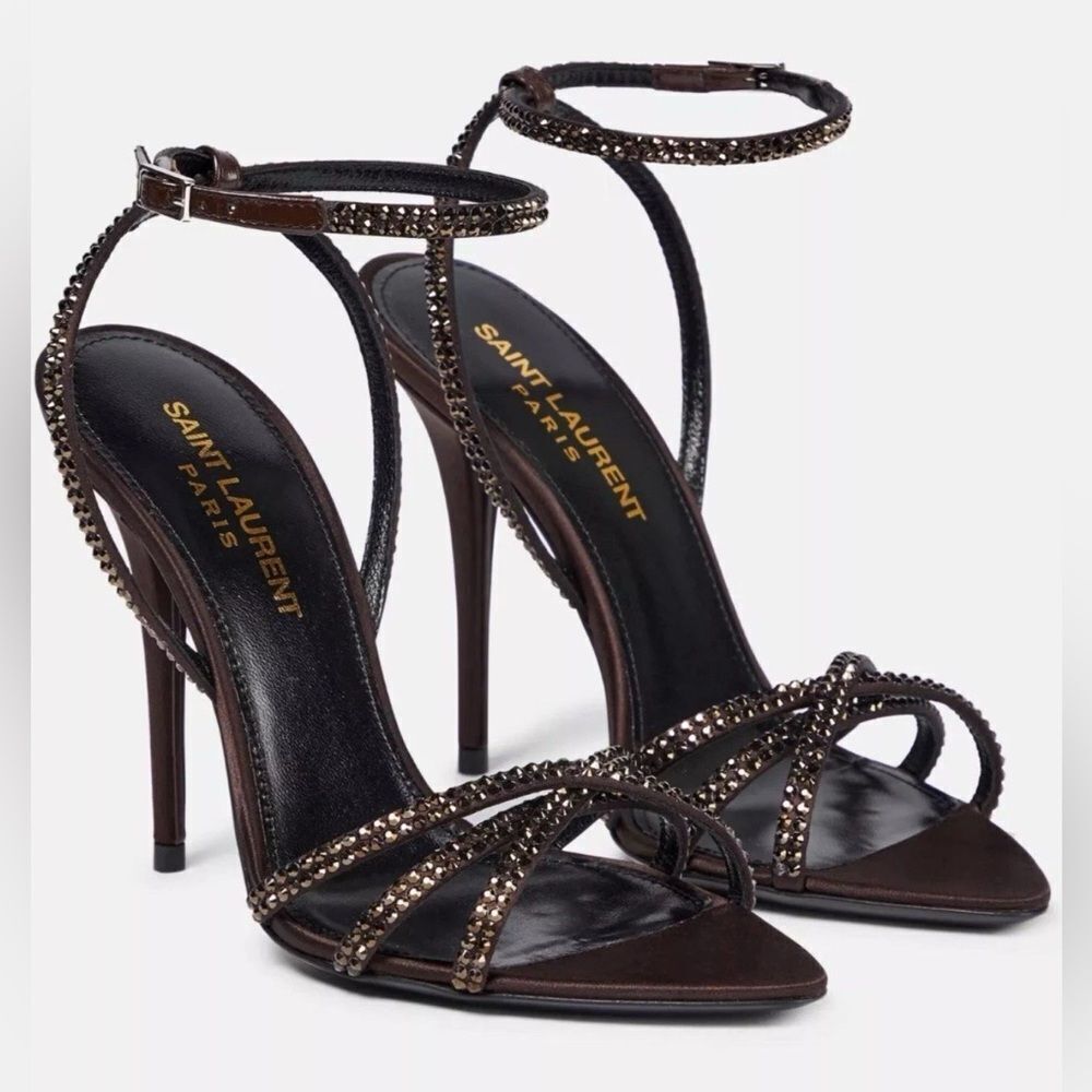 Saint Laurent Ava Sandals in Crepe Satin with Rhinestones size 37.5